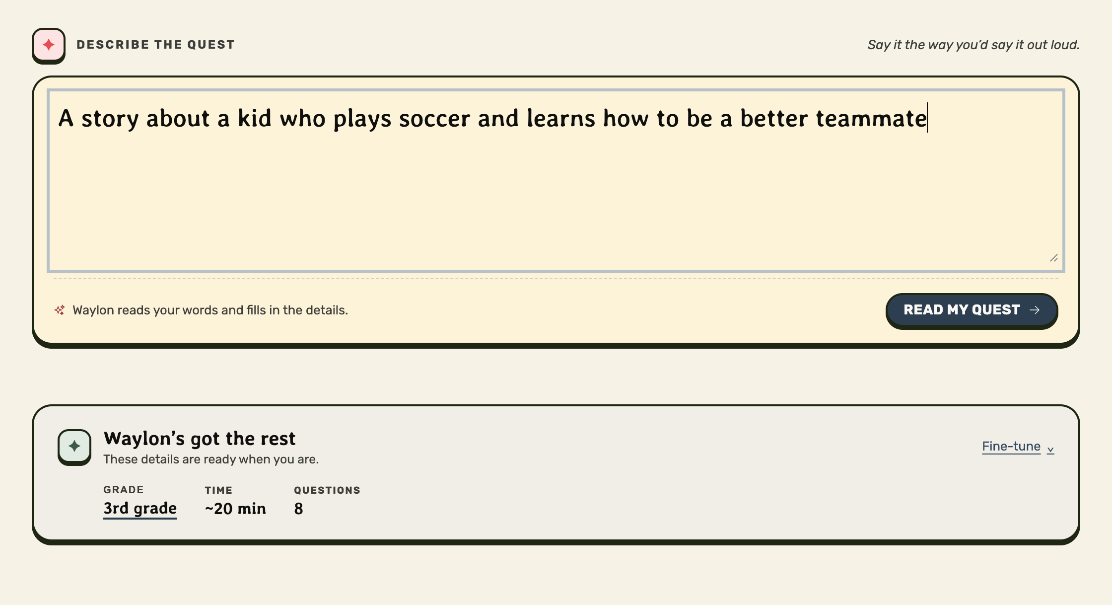 The Spellbooks activity builder, where a topic, reading level, and question count are chosen in one pass